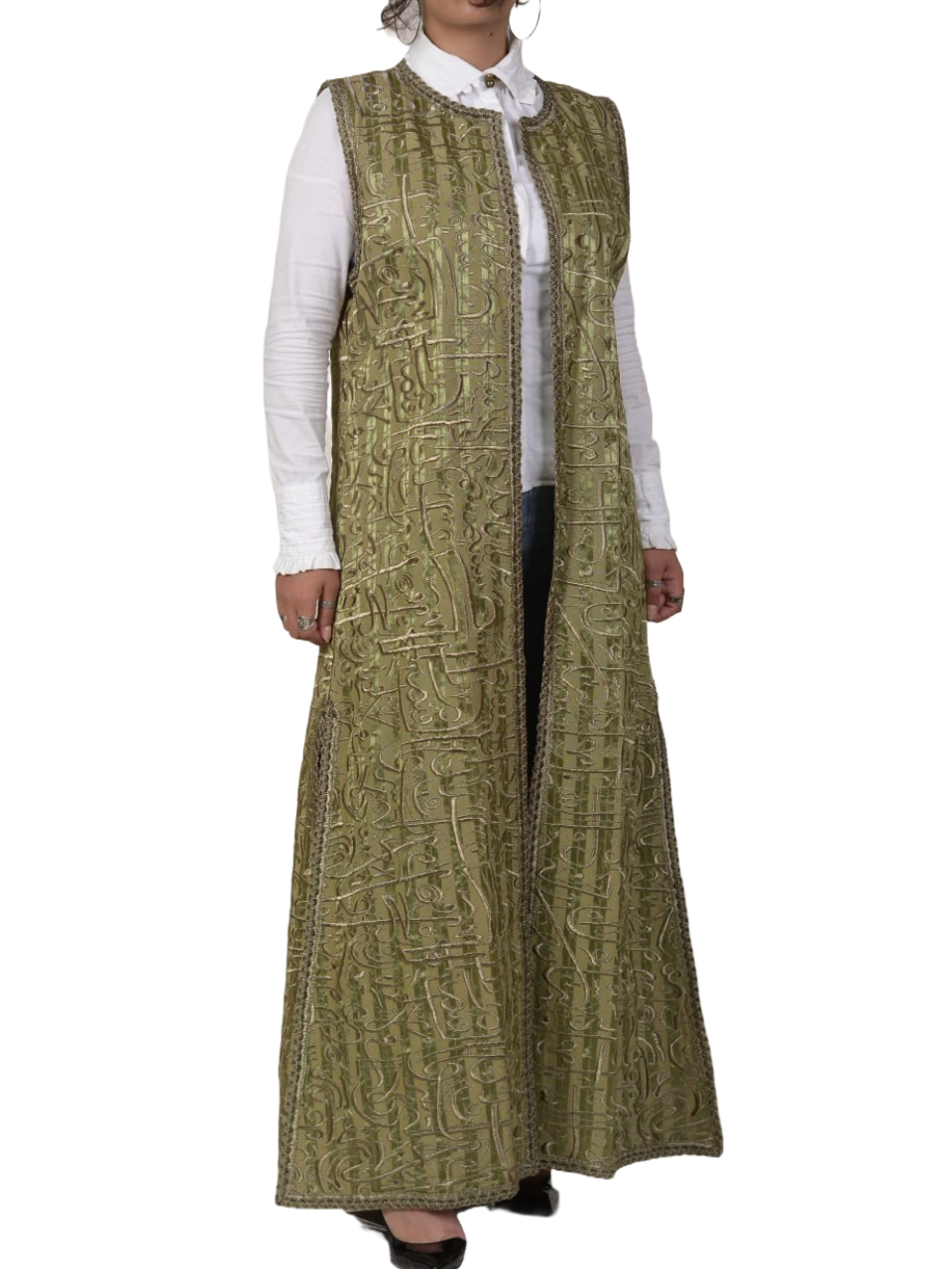 Cotton Embroidered Calligraphy embroided Maxi Vest, Sleeveless, Open Front