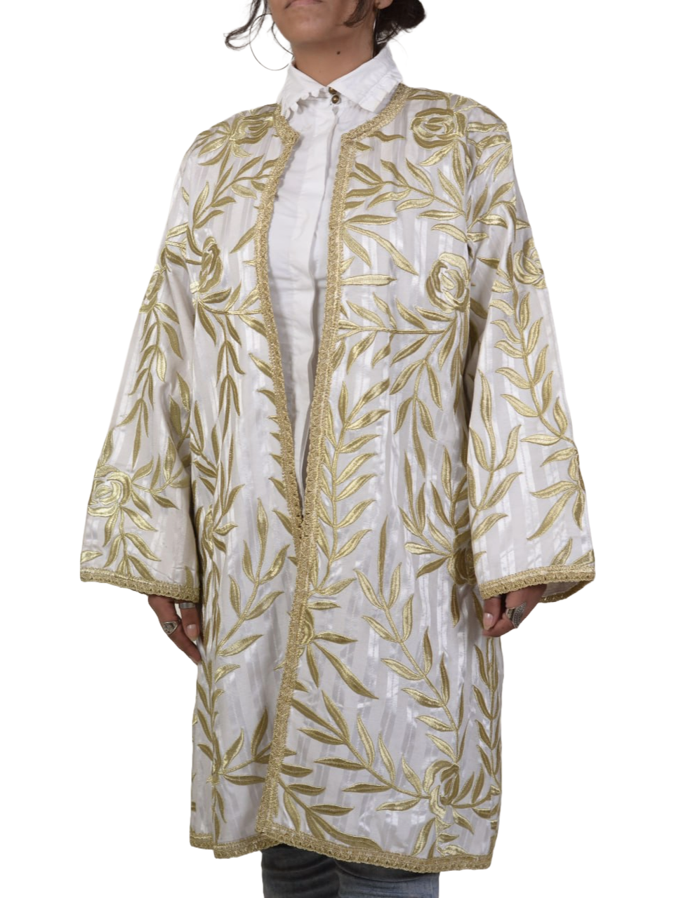 Silk Embroidered Chiffon Jacket, Floral Pattern in Gold Thread, Front Open Style