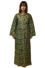 Load image into Gallery viewer, Handcrafted Cotton and Silk FLoral Maxi Long sleeve Jacket, Intricate Gold Embroidery.
