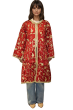 Load image into Gallery viewer, Silk Embroidered Chiffon Jacket, Floral Pattern in Gold Thread, Front Open Style
