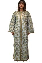 Load image into Gallery viewer, Handcrafted Cotton and Silk FLoral Maxi Long sleeve Jacket, Intricate Gold Embroidery.
