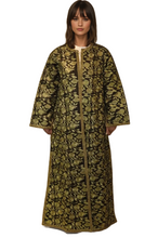 Load image into Gallery viewer, Handcrafted Cotton and Silk FLoral Maxi Long sleeve Jacket, Intricate Gold Embroidery.
