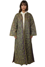 Load image into Gallery viewer, Handcrafted Cotton and Silk FLoral Maxi Long sleeve Jacket, Intricate Gold Embroidery.
