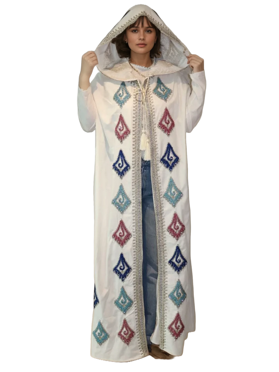 Elegant Embroidered Cotton Sleeveless Hooded Cloak, Full Length, Multicoloured (One size)