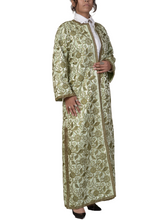 Load image into Gallery viewer, Handcrafted Cotton and Silk FLoral Maxi Long sleeve Jacket, Intricate Gold Embroidery.
