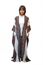 Load image into Gallery viewer, Embroidered Cotton-Silk Abaya with Geometric Pattern, Metallic Threads, White Sides
