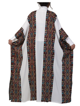 Load image into Gallery viewer, Embroidered Cotton-Silk Abaya with Geometric Pattern, Metallic Threads, White Sides
