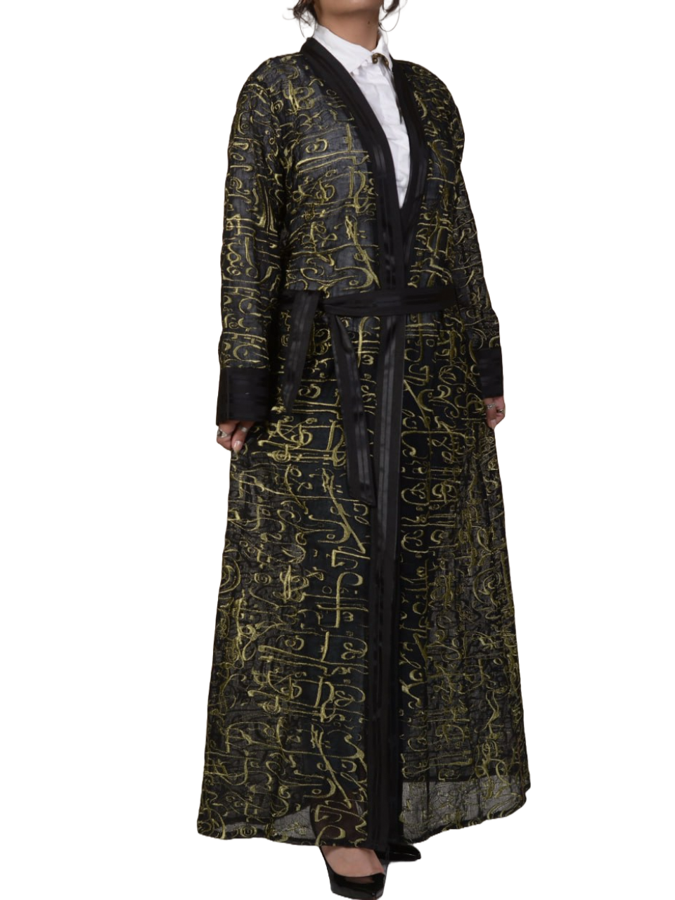 Luxury Long sleeve black chiffon Abaya Calligraphy embroided