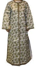 Load image into Gallery viewer, Handcrafted Cotton and Silk FLoral Maxi Long sleeve Jacket, Intricate Gold Embroidery.
