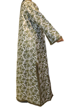 Load image into Gallery viewer, Handcrafted Cotton and Silk FLoral Maxi Long sleeve Jacket, Intricate Gold Embroidery.
