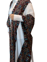 Load image into Gallery viewer, Embroidered Cotton-Silk Abaya with Geometric Pattern, Metallic Threads, White Sides
