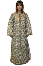 Load image into Gallery viewer, Handcrafted Cotton and Silk FLoral Maxi Long sleeve Jacket, Intricate Gold Embroidery.
